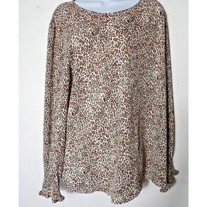 Adrianna Papell XL Blouse Top Leopard Animal Smocked Keyhole Office Career
